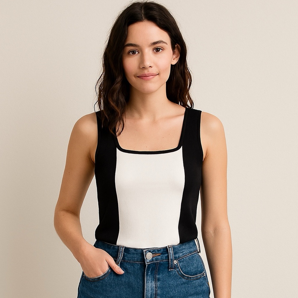 Cyrus White Black Colour Block Knit Sleeveless Top Size Medium
